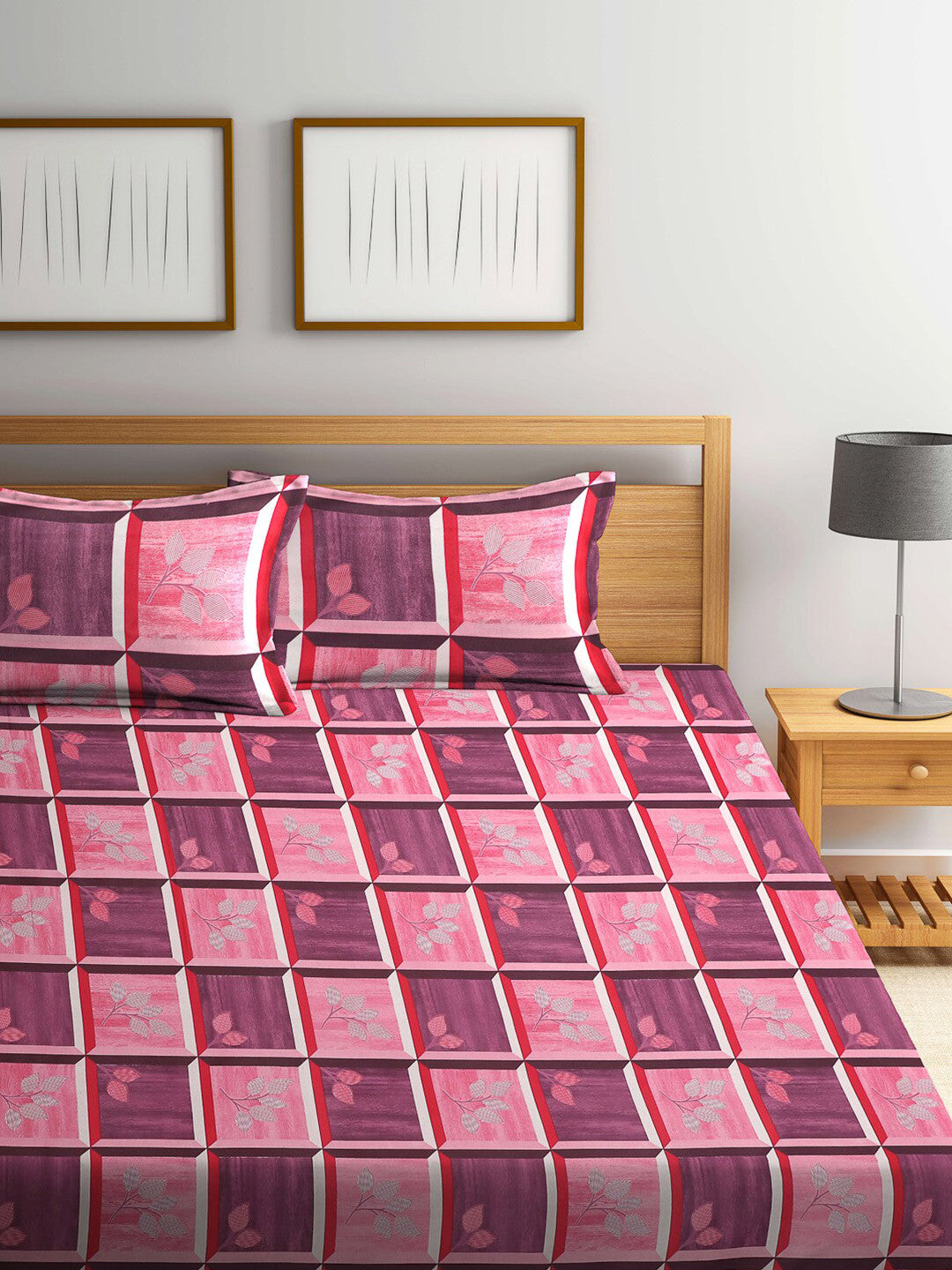 Navy blue leaf cotton queen bedsheet, navy blue & pink